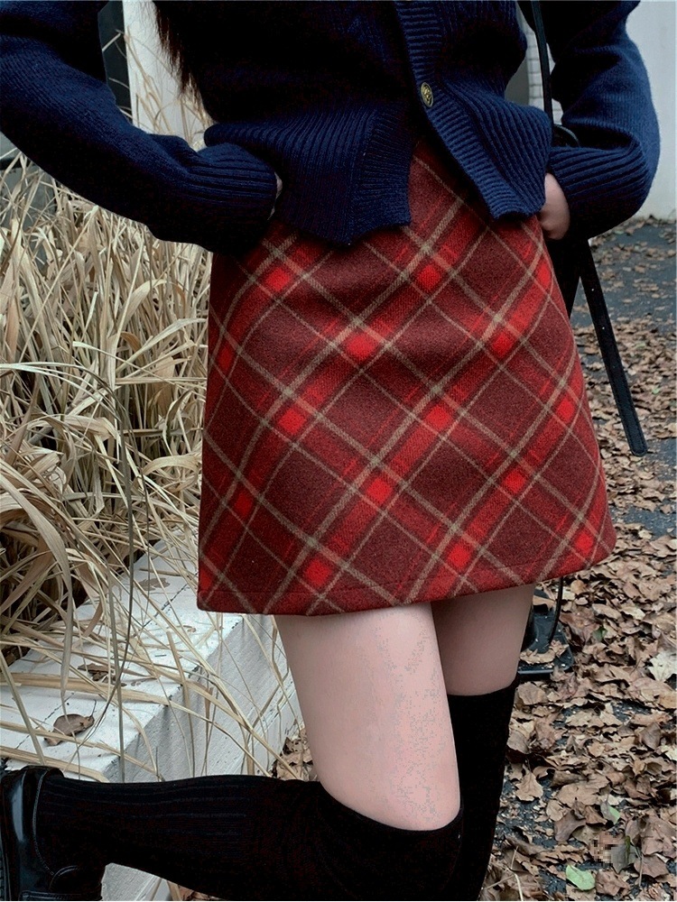 红色毛呢格子半身裙女秋冬加厚高腰显瘦a字裙包臀裙复古格纹短裙-阿里