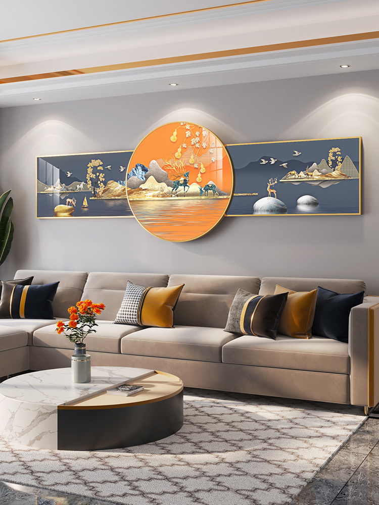 五福临门客厅沙发背景墙装饰画新中式壁画酒店别墅家用寓意好挂画