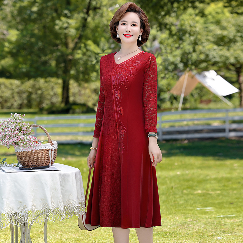 结婚礼服妈妈春秋装高端长袖连衣裙蕾丝打底裙子高贵喜婆婆婚宴装
