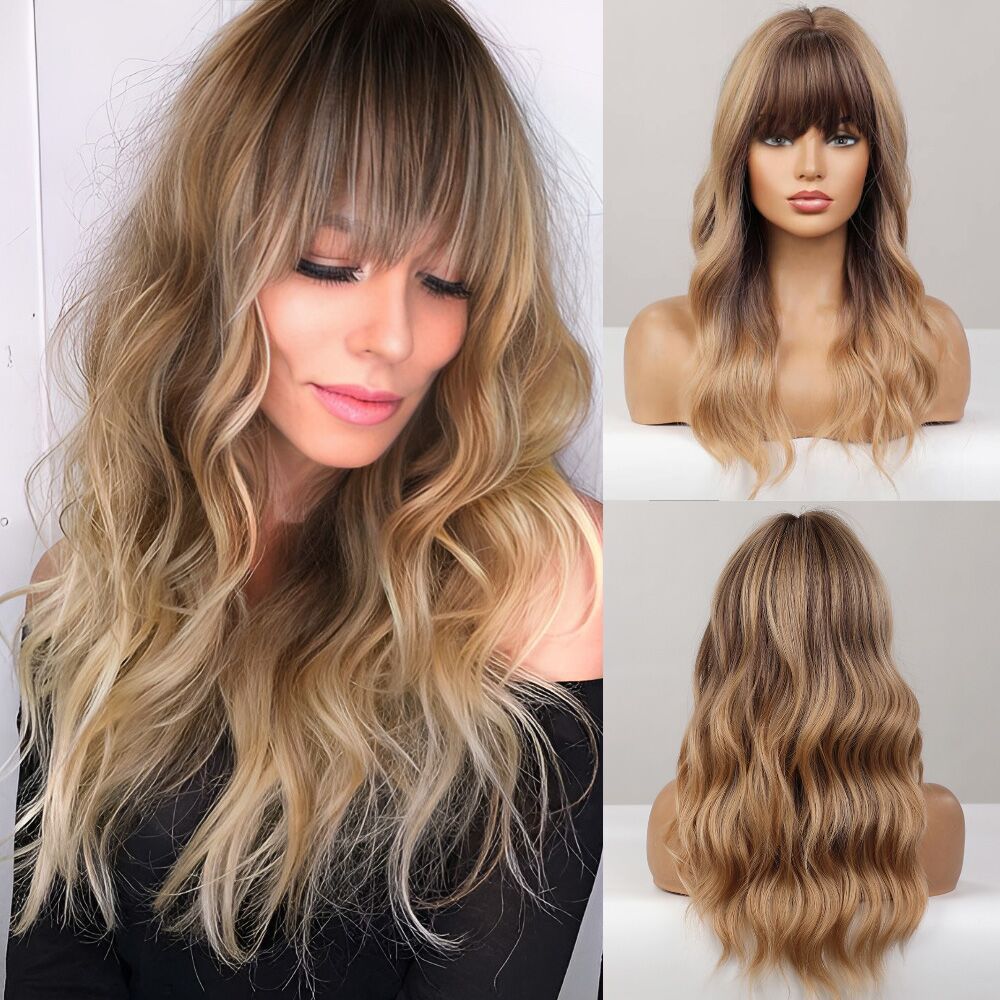 热销款空气刘海亚麻金色法式烫逼真齐刘海高温丝欧美假发女全头套