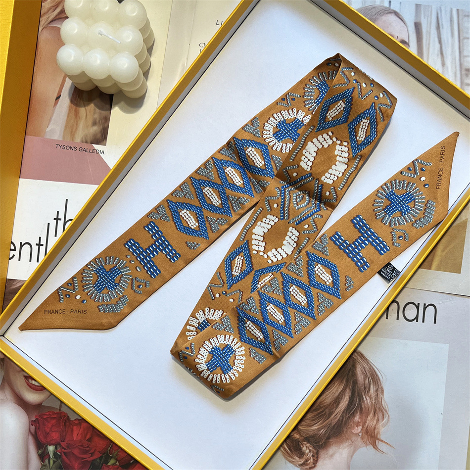 橘色仿真丝丝巾发带绑包百搭斜纹绸丝巾小长条飘带夏季小领巾外贸