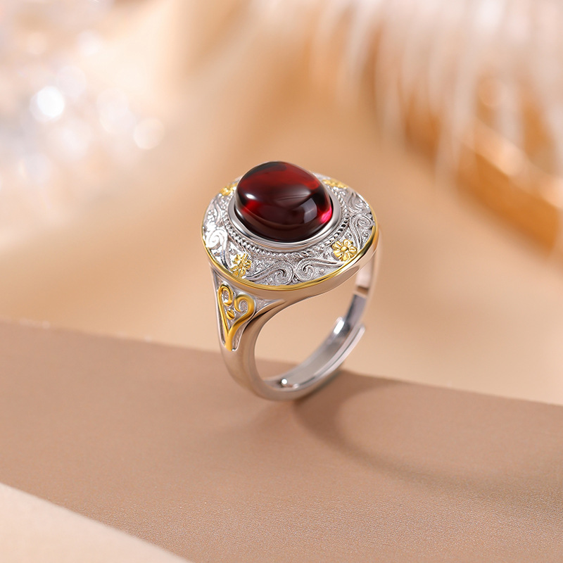 壹鹿银s925纯银镀金血珀复古新中式吉祥如意纹蛋面戒指国风银指环