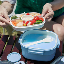 亚马逊热卖夏季保冷野餐户外塑料饭盒双层带酱料盒果蔬沙拉便当盒