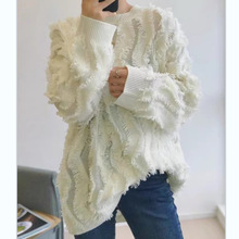 时尚设计感流苏波浪边长袖套头毛衣女2023冬季新款加厚洋气针织衫