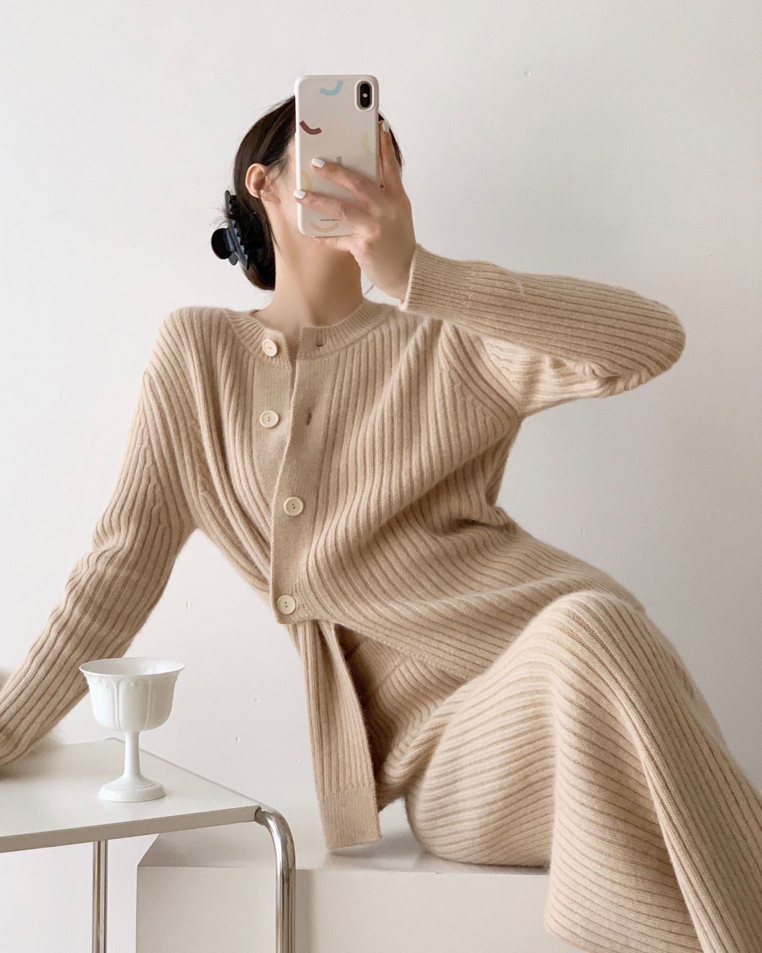 2022秋冬新款针织套装女小众设计感时尚显瘦毛衣开衫阔腿裤两件套