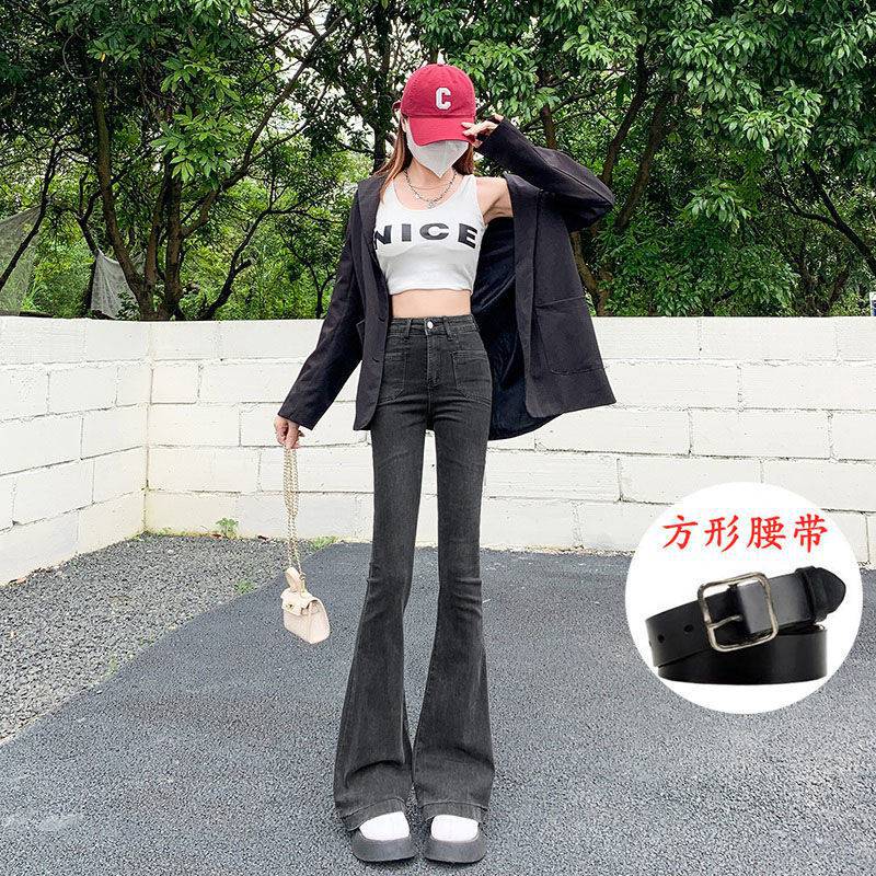 Black and Gray High Waist Flared Jeans Women's Micro-Pull Design Autumn and Winter 2022 New Slim Fit Retro Trousers Trendy Ins