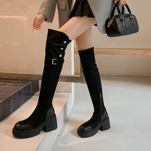 大筒围翻折多穿过膝靴2023秋冬bai搭厚底粗腿长靴牛皮高跟长筒靴