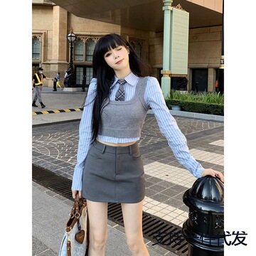 两件套高级感撞色条纹衬衫学院风马甲背心无袖针织衫套头外搭上ya