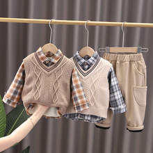 男童童装2023年冬季新款韩版毛衣马甲套装儿童休闲裤时髦三件套潮