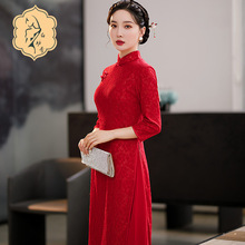 秋冬季新款女装红色改良款连衣裙婚礼晚宴服立领蕾丝旗袍 B8057