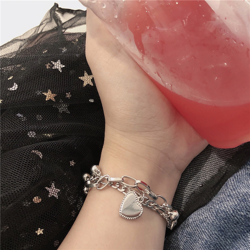 Korean Ins Double-Layer Peach Heart Bracelet Vintage Court Style Girl Heart Cold Wind Heart Temperamental Hand Jewelry