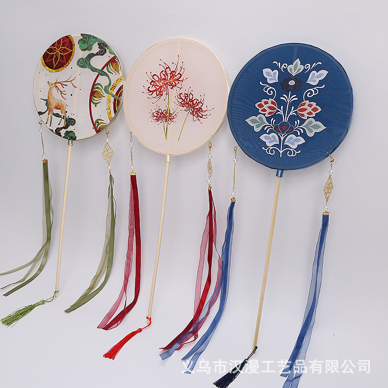 新品双面扇汉服长柄团扇宫扇布扇手工工艺扇拍照道具支持来图定制