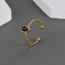 跨境配饰法式复古14K金水滴天然石戒指 欧美时尚简约开口钛钢指环