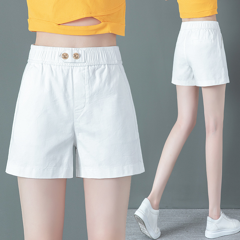 白色短裤女夏薄款2021新款高腰休闲裤松紧腰直筒打底外穿宽松热裤