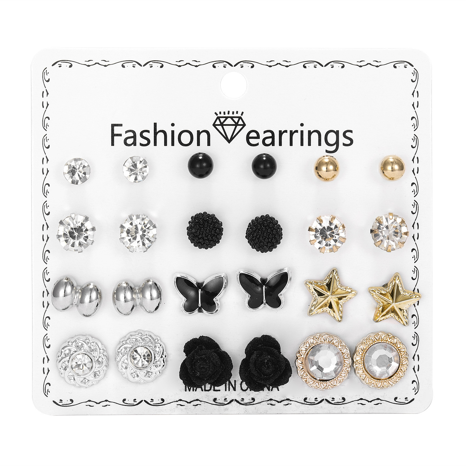 Factory Direct Sales New 12 Pairs Red, White and Black Love Heart Flowers Rhinestone Imitation Pearl Combination Card Stud Earrings Suit