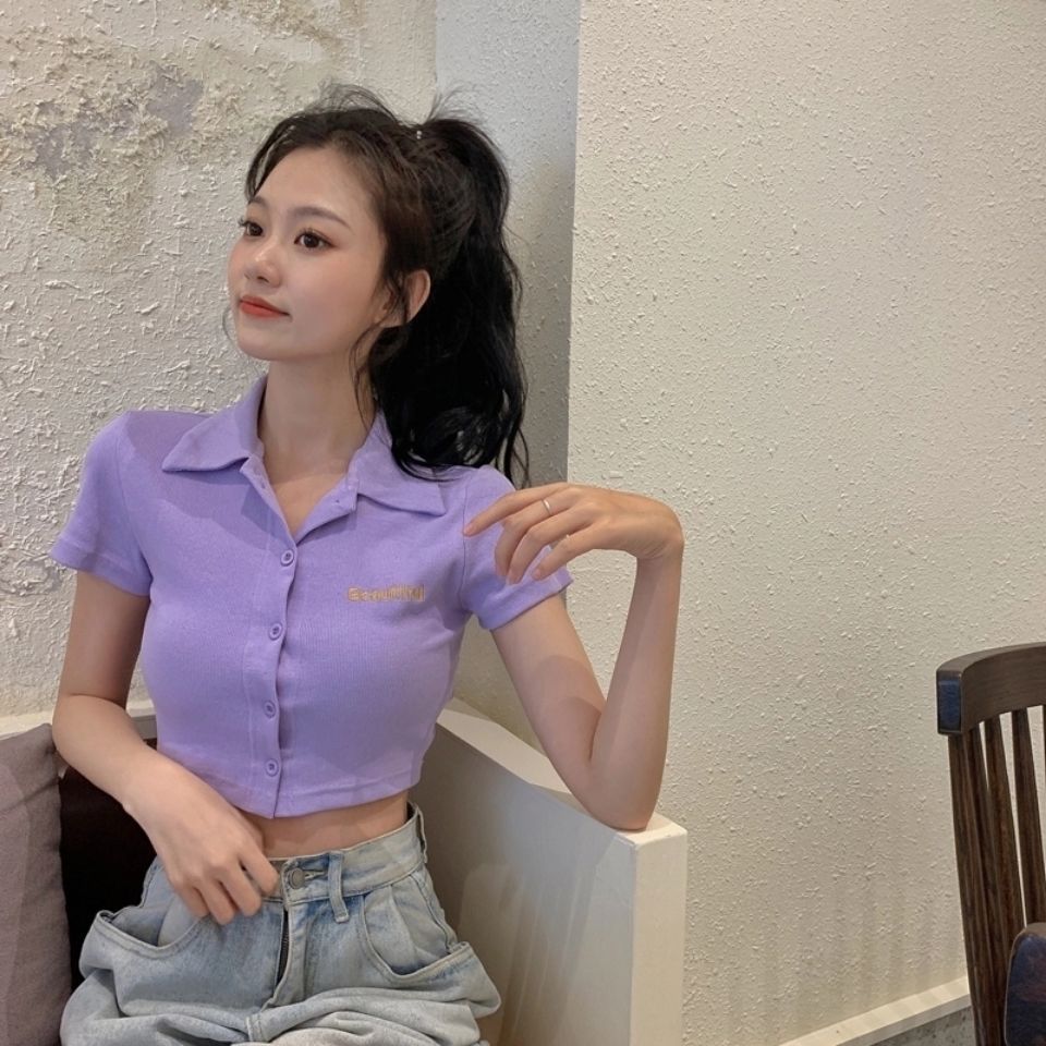 bf风白色衬衫女夏新款polo领短款露脐开衫紧身显瘦短袖森系t恤女