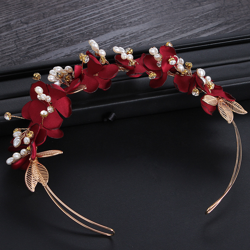 新娘结婚头花红色礼服头饰唯美烤边布花发饰发箍敬酒服配饰品批发