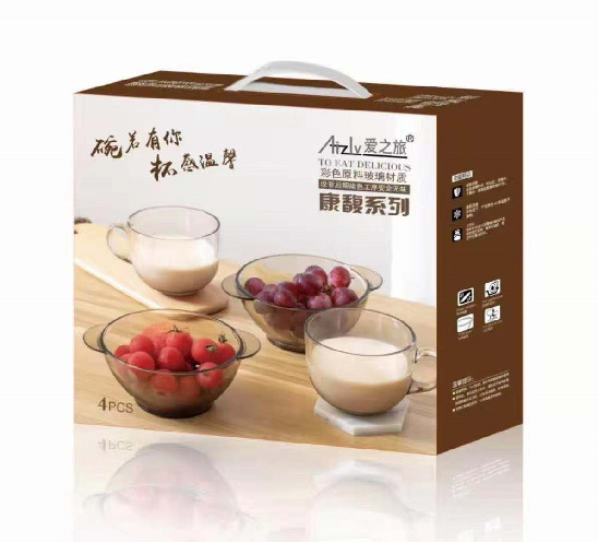 Factory Direct Sales Brown Double-Ear Bowl Glass Bowl Heat-Resistant Salad Bowl Milk Cup Set Creative Promotional Gifts