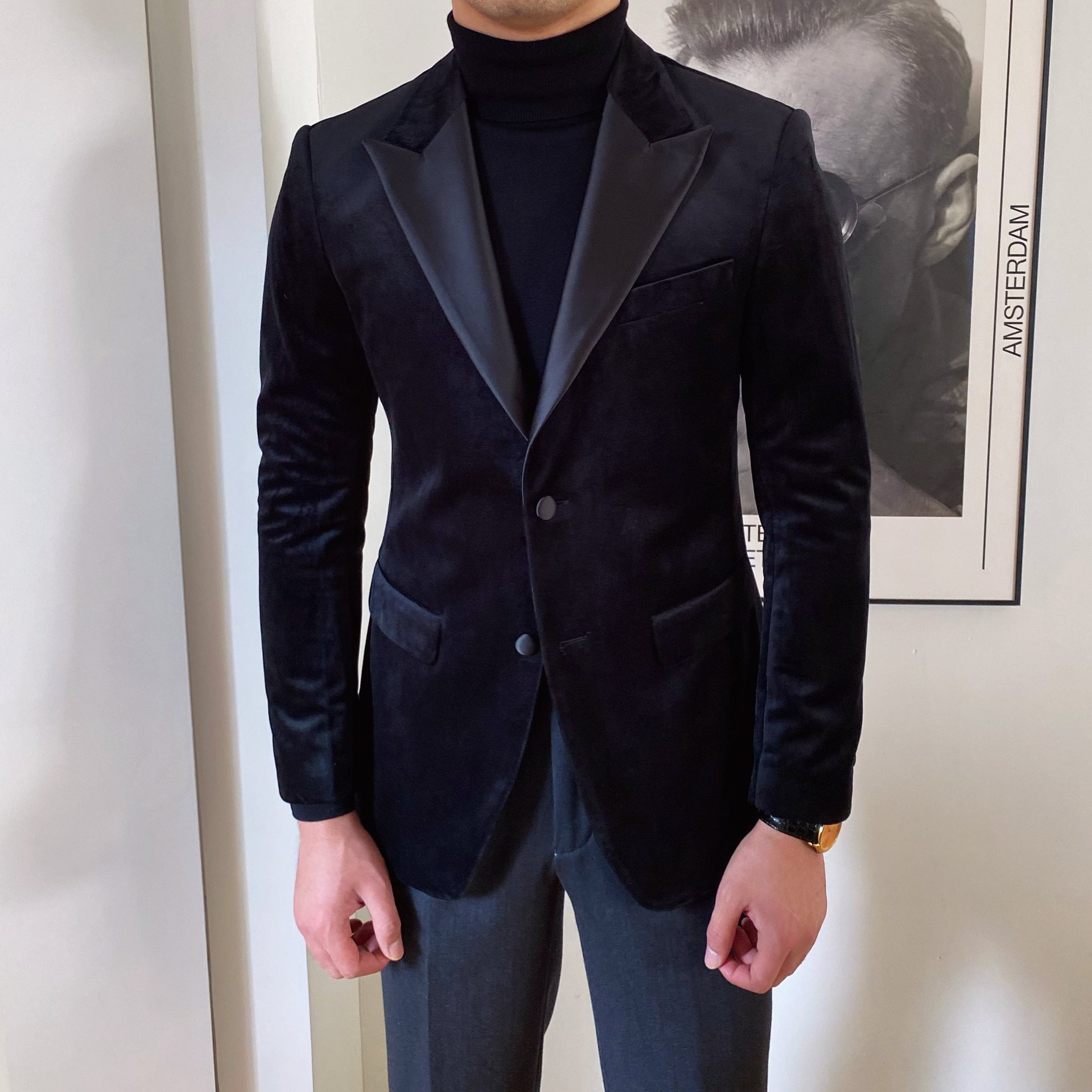 鹿三先生宴会礼服男士单排扣戗驳领西装英伦丝绒修身新郎西服兄弟