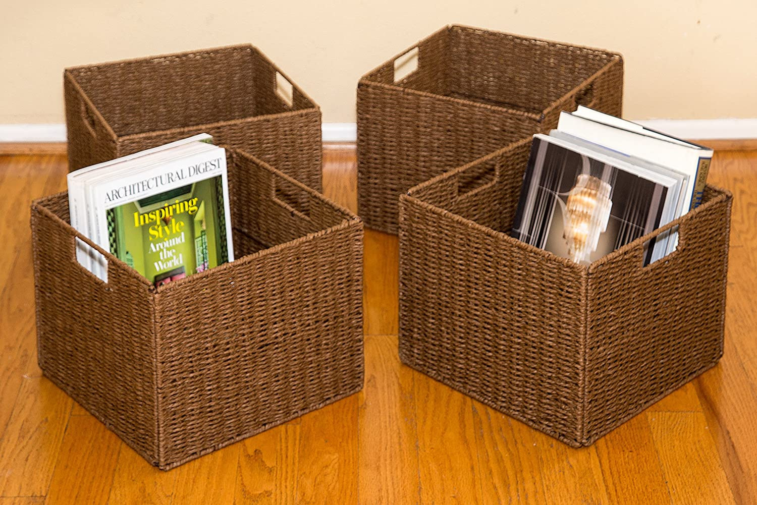 编织收纳筐书篮可折叠储物篮棕色收纳篮带扣手整理桌面篮子纸绳编