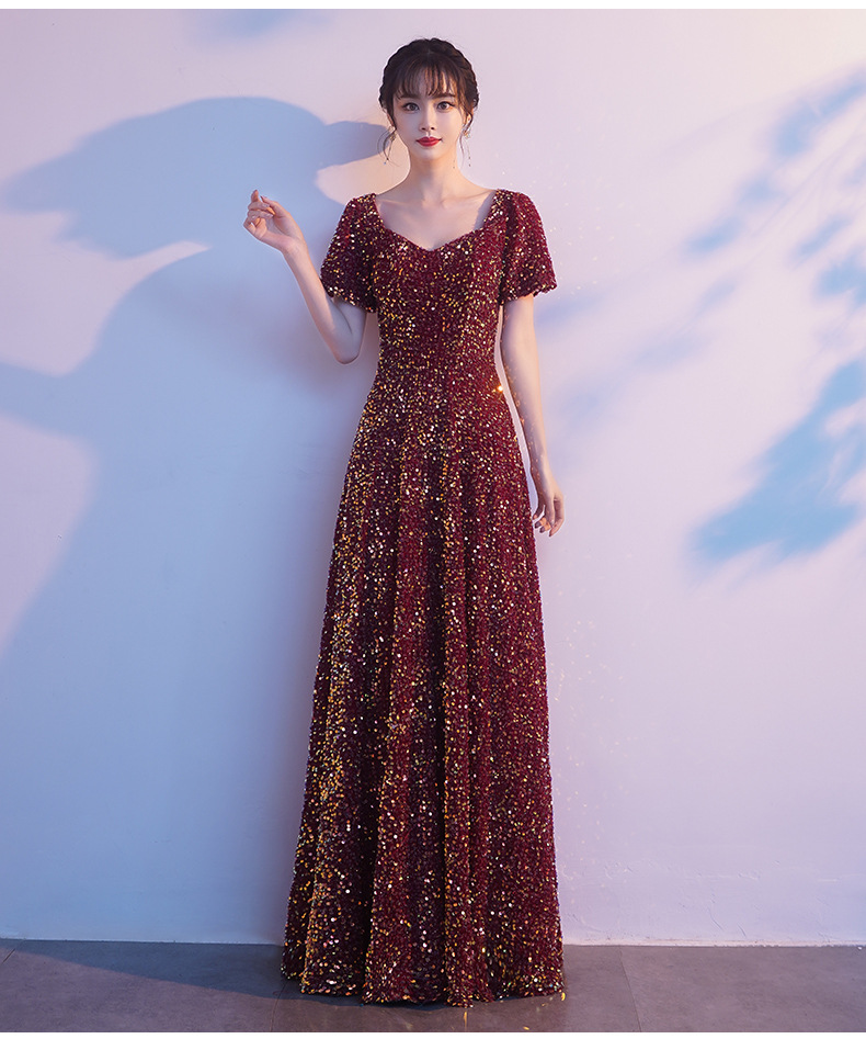 宴会晚礼服主持人长款气质红色星空亮片显瘦连衣裙大合唱演出服女