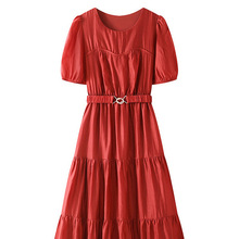 2024夏季新款酒红色连衣裙女高腰法式气质泡泡袖裙子842078500