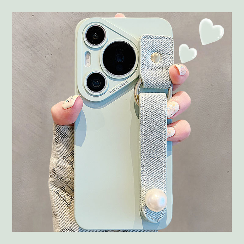 浅蓝色牛仔珍珠腕带适用华为pura70pro 手机壳p70/p60pro女p50pro