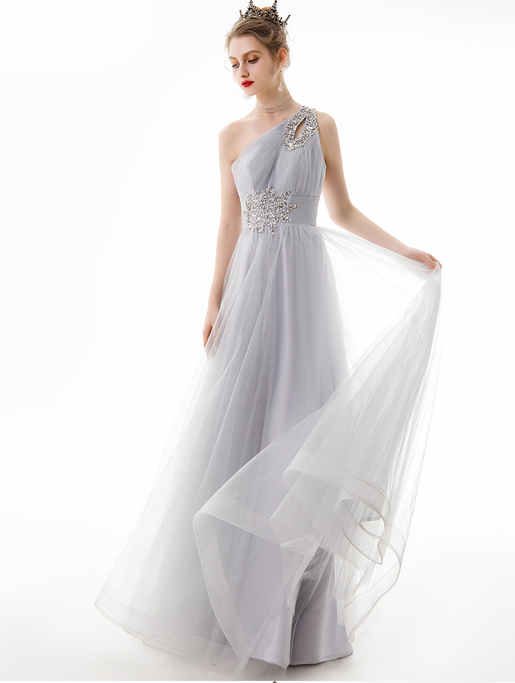 早春新款单肩薄纱初夏晚礼服浅灰色长款合唱服聚会晚宴气质礼服裙