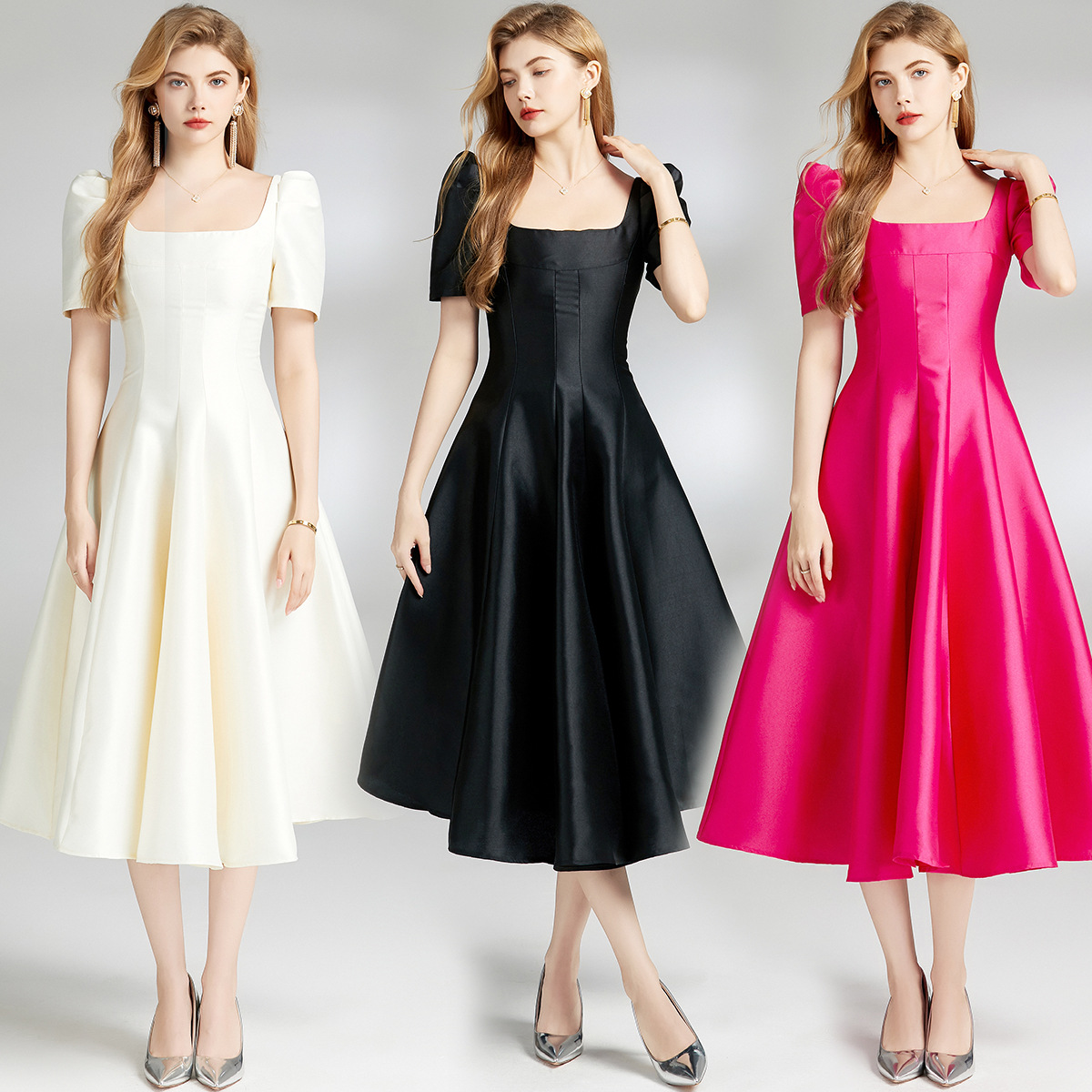 法式赫本风气质纯色收腰修身大下摆方领礼服连衣裙