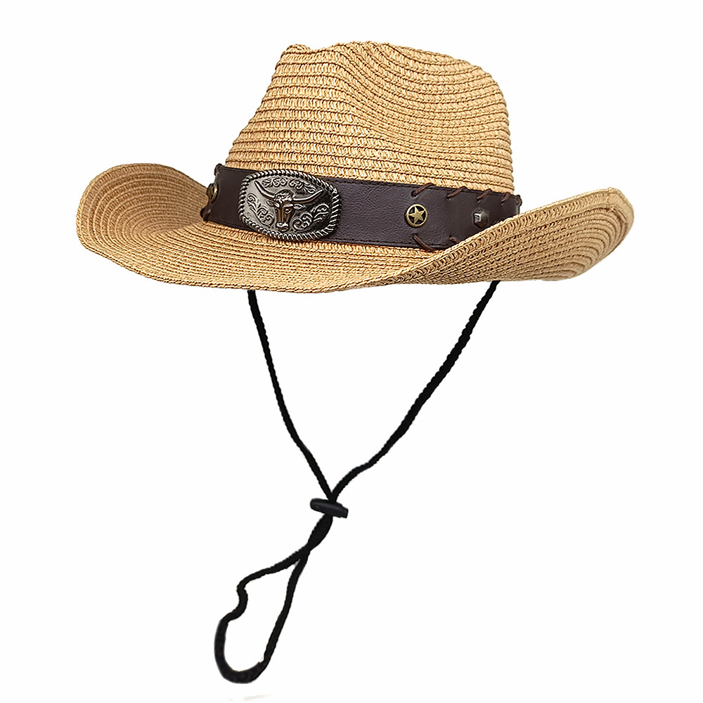 欧美复古牛仔帽子牛头装饰西部牛仔草帽休闲爵士帽男女弯沿帽