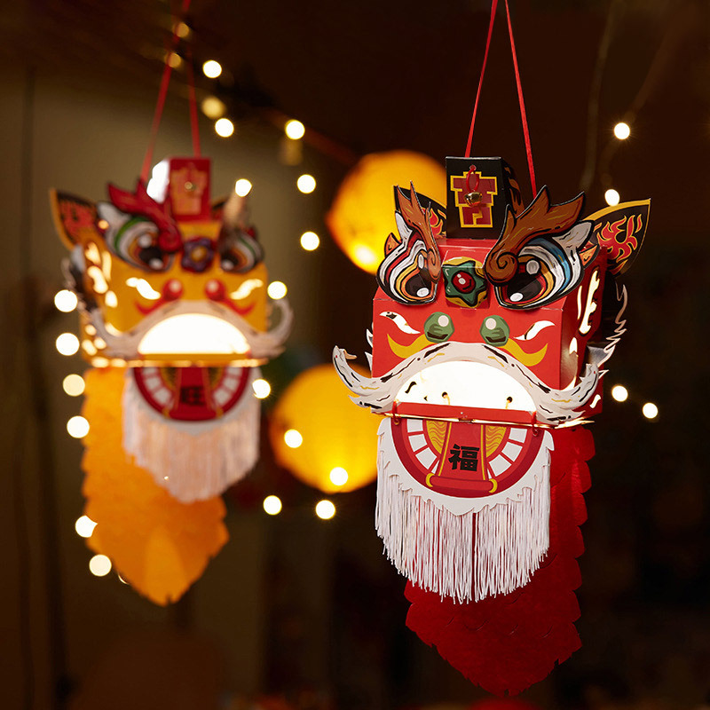 新款虎年手工diy灯笼 舞狮狮头手提可发光花灯元宵节传统新年装饰