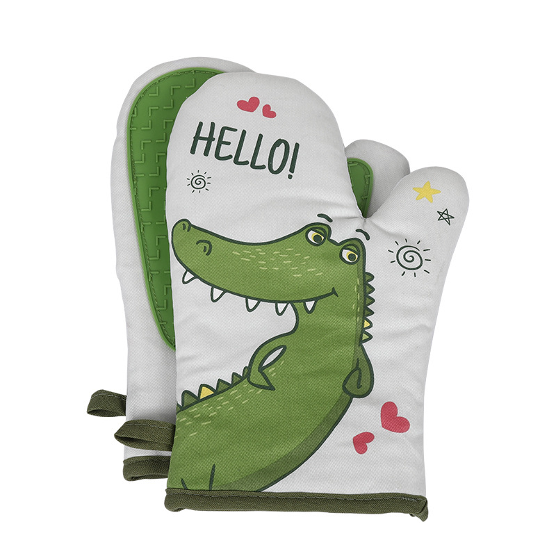 卡通鳄鱼硅胶烤箱隔热手套防烫 全棉厨房家用烘焙微波炉手套加厚