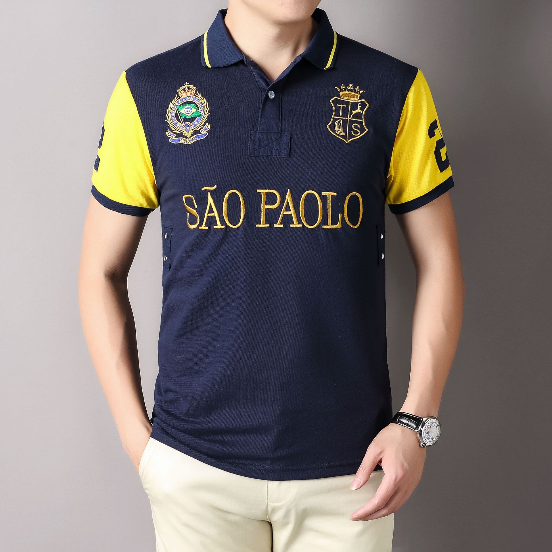 上新品纯棉刺绣短袖polo衫男外贸休闲时尚运动圣保罗拼接撞色薄款