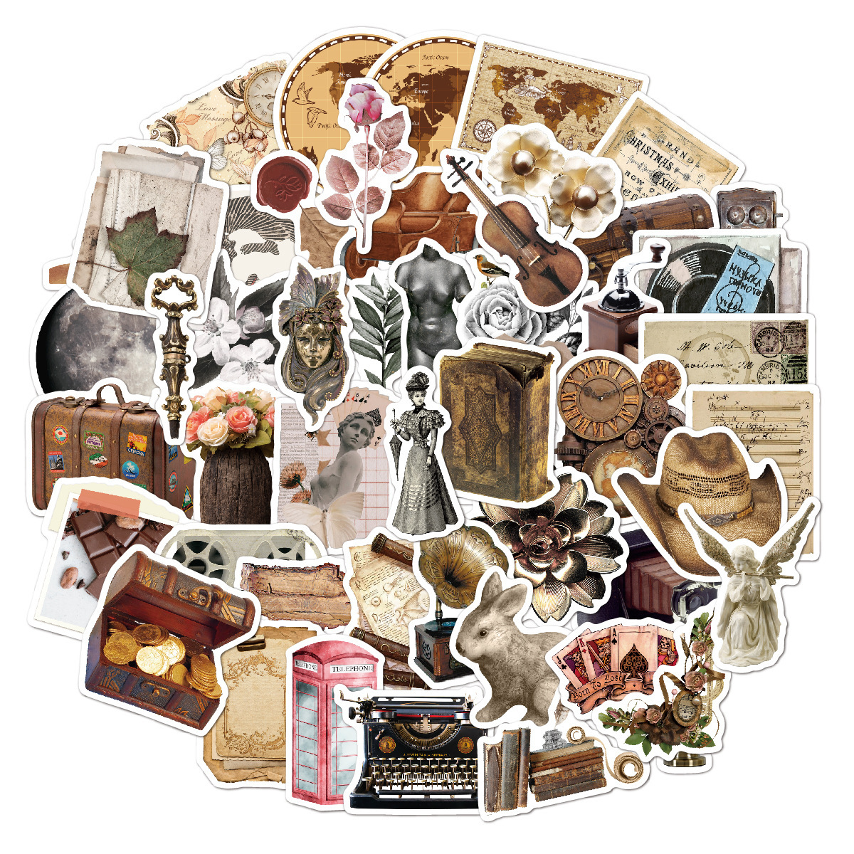 旧时光贴纸50张欧美文艺年代diy装饰防水电脑行李箱复古贴纸