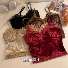 691#蕾丝花边v领吊带背心女秋冬辣妹性感打底内搭修身短款金丝绒