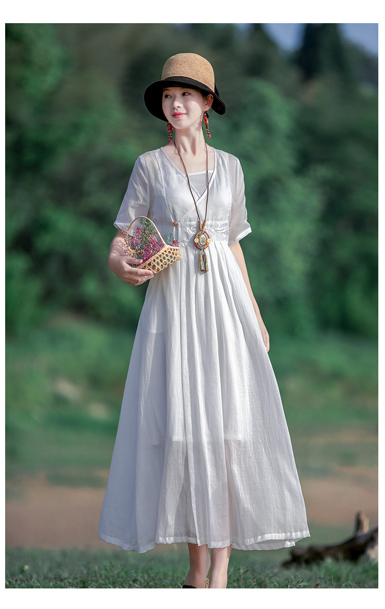 民族风苎麻连衣裙女2020新款小个子夏季仙女长裙子20539