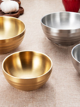 批发304不锈钢螺纹碗双层米饭碗防烫碗儿童隔热碗汤碗吃饭碗金色