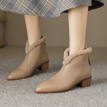 软羊皮尖头显瘦短靴加绒保暖气质粗跟中跟后拉链短靴百搭时尚女靴