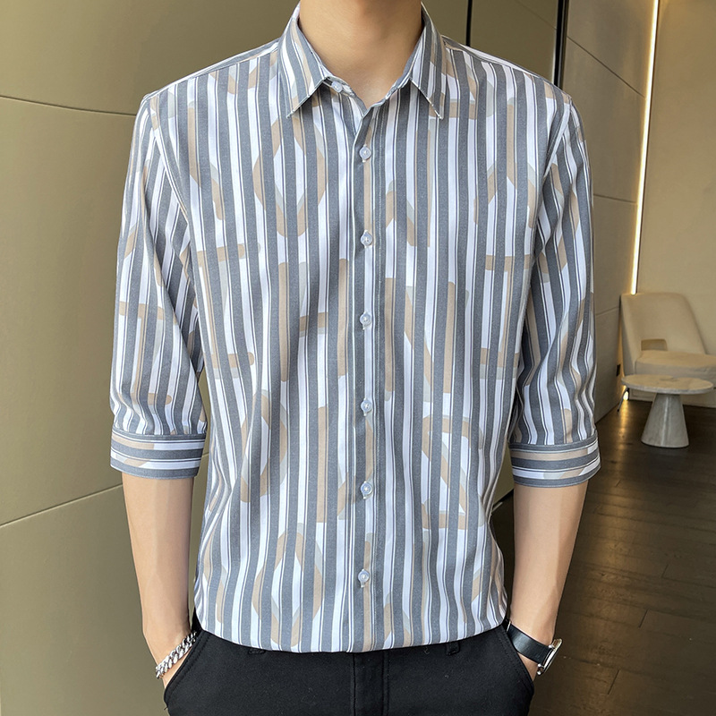 夏季男士七分袖衬衫韩版潮流帅气中袖印花衬衣1cs176-阿里巴巴
