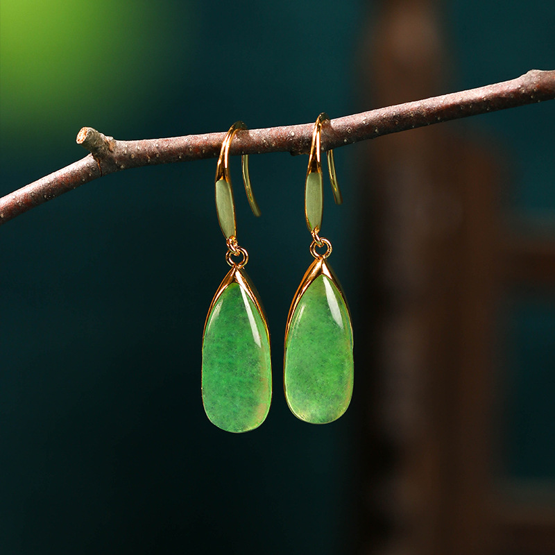 2023 Summer Popular Gold-Plated Jade-like Silver Needle Vintage Earrings Banquet Simple High-Grade New Chinese Style Earrings