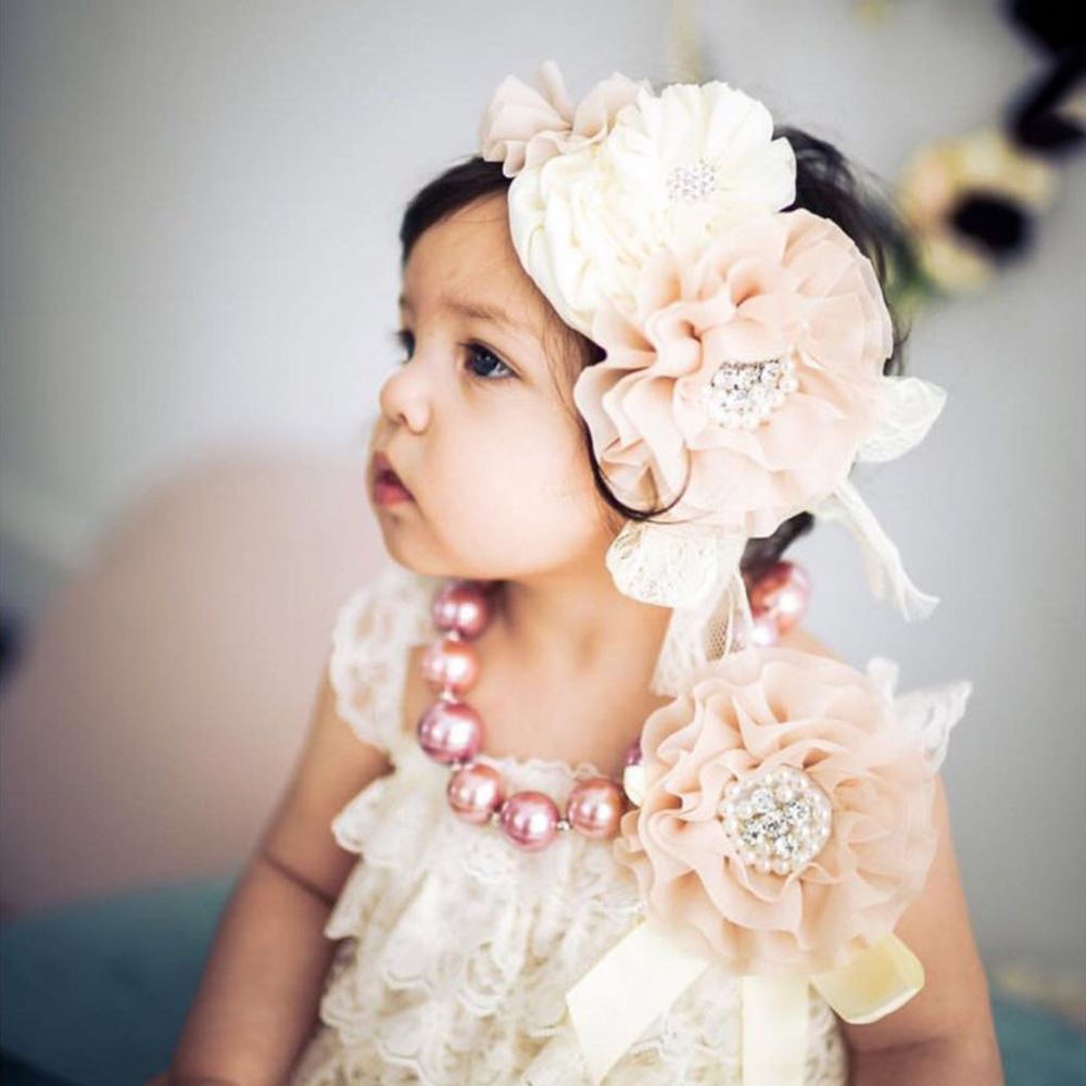 Best Seller in Europe and America Children's Hair Accessories Contrast Color Baked Edge Flower Lace Bow with Diamond Baby Hair Band Lace Headband