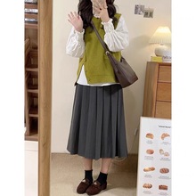韩版盐系少女感穿搭学院风马甲衬衫半身裙三件套