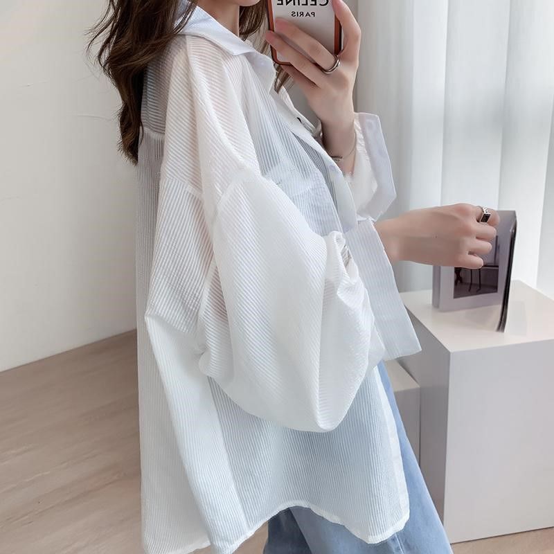 条纹防晒衣女夏季薄款衬衫外套宽松大码防晒服开衫