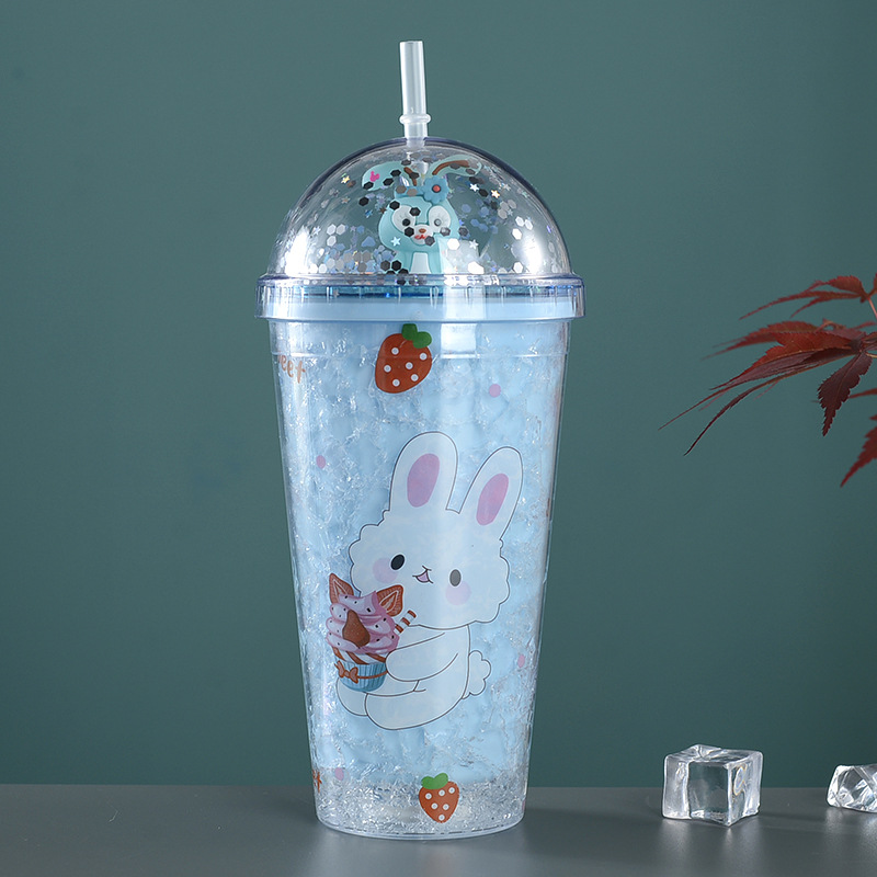 New Creative Cartoon Double Plastic Straw Cup Bunny with Straw Summer Ice Cup Children's Led Cup with Light