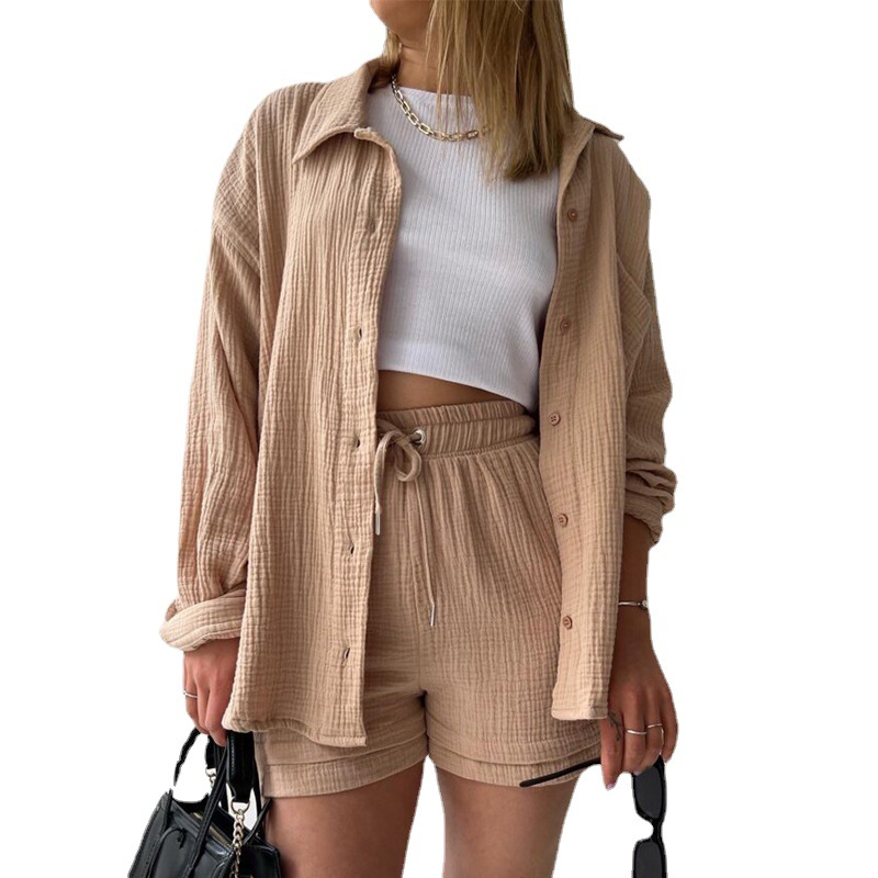 European and American Women's Clothing Two-Piece Set Champray Lapel Long Sleeve Shirt High Waist Drawstring Shorts plus Size Fashion Casual Set