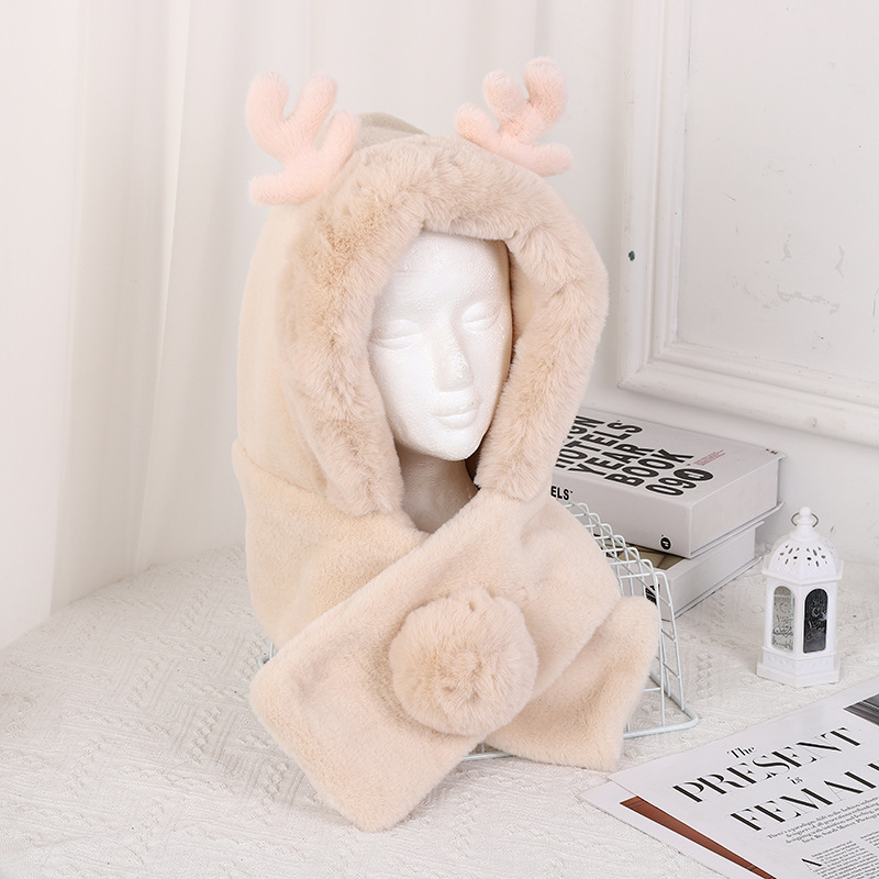2023 Winter Antlers Hat Scarf Two-in-One Cute Warm Thickened Fleece Cross Scarf and Hat One