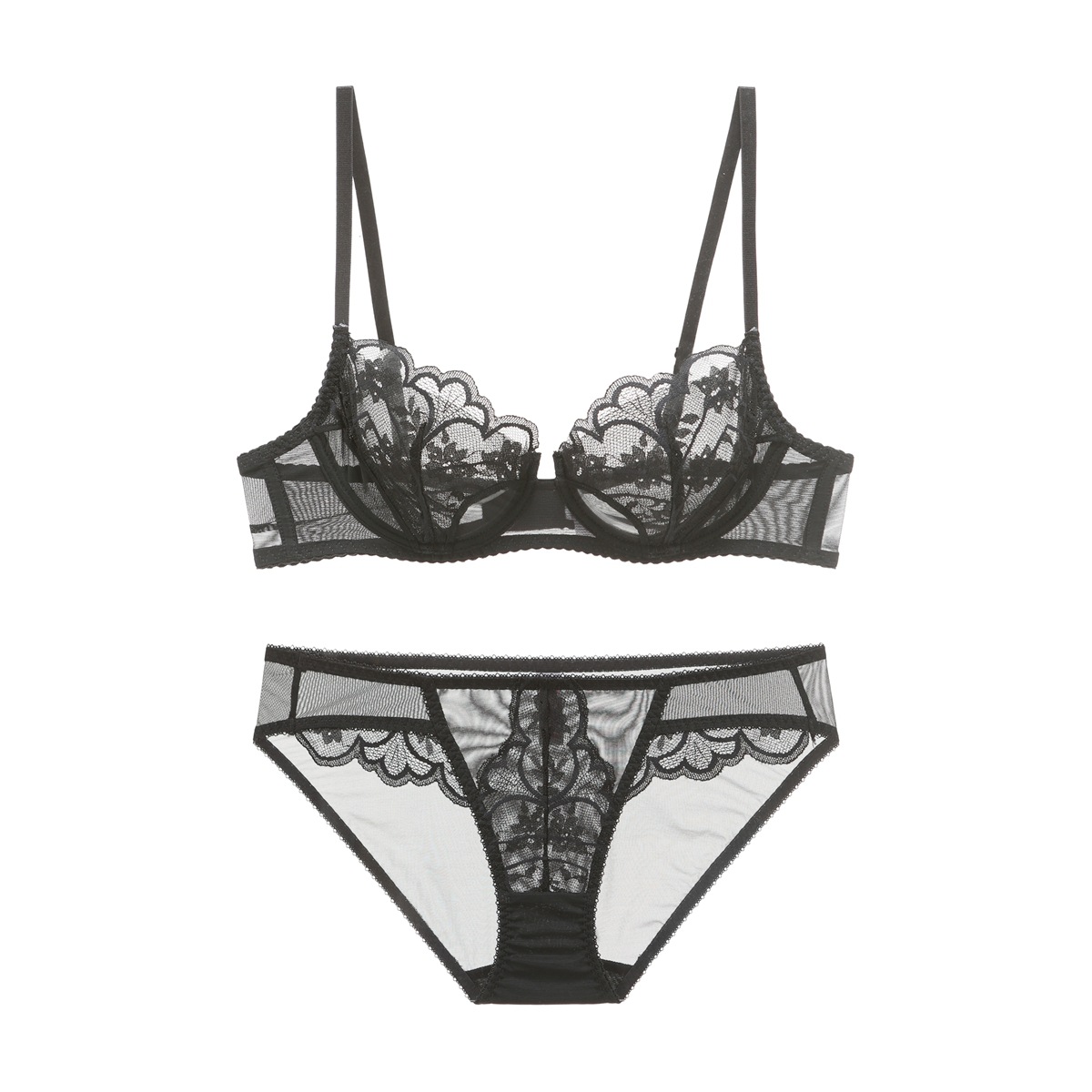 一件代发新款大胸显小欧美蕾丝透视薄文胸套装女士胸罩大码内衣