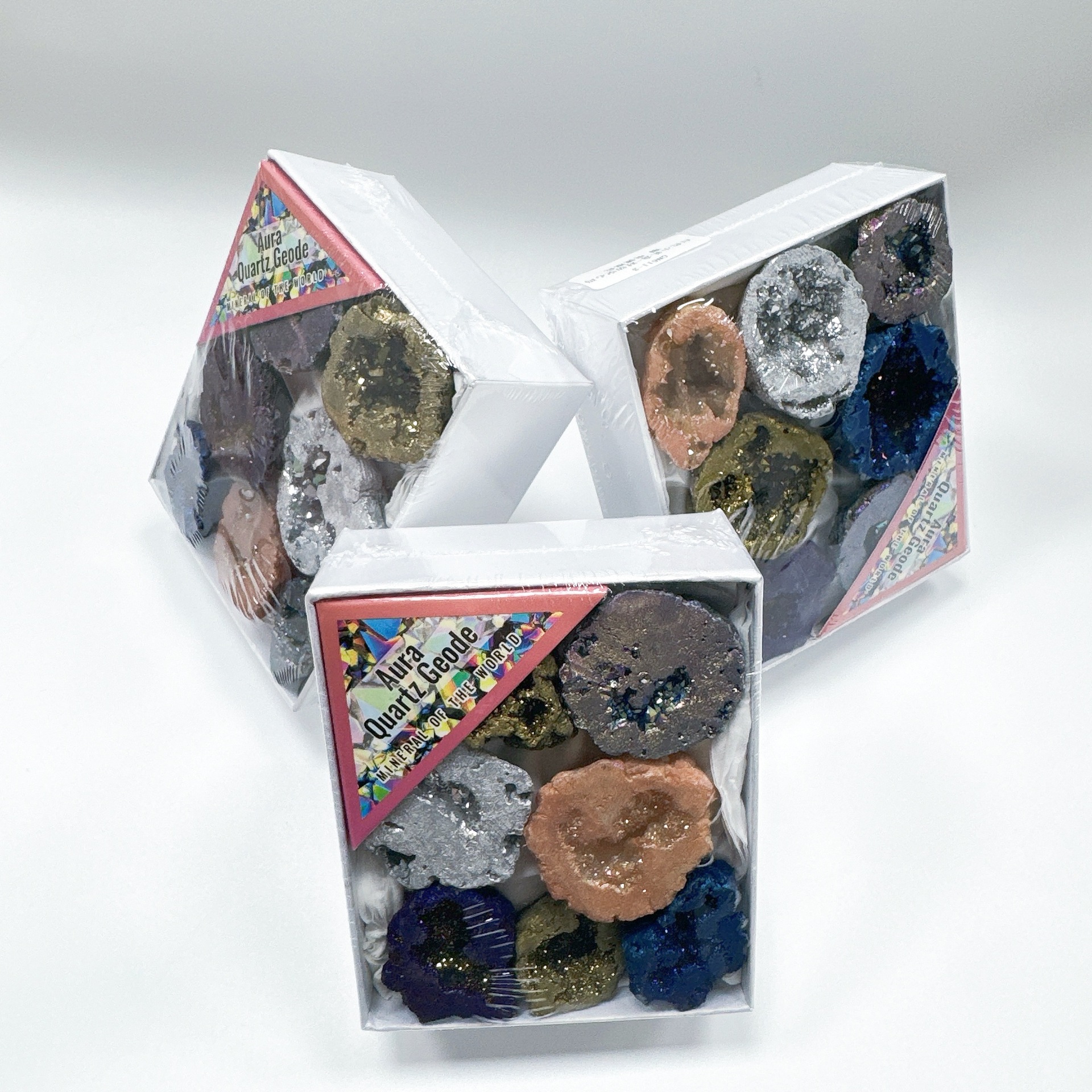 跨境外贸新品天然水晶洞空心玛瑙电镀彩色聚宝盆原石礼盒居家摆件