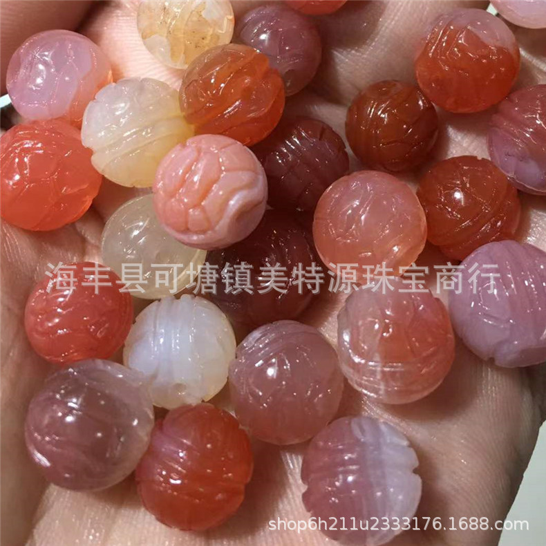 天然盐源玛瑙雕刻手链 果冻糖果色圆珠龟甲雕刻手串 散珠雕刻批发