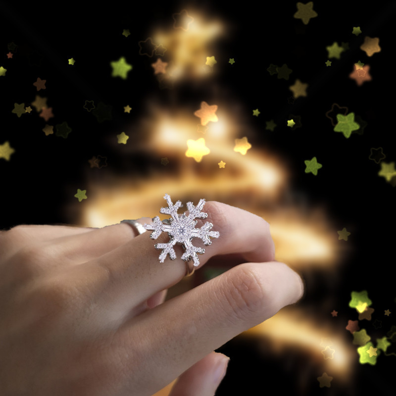 会转的雪花戒指圣诞节七夕礼物品旋转转动戒指可调节食指环女抖音